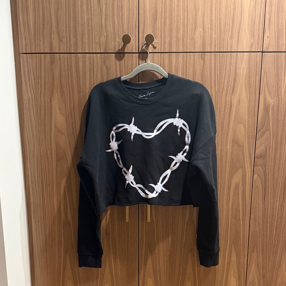 Dua Lipa Merch - Cropped Black Sweatshirt w/ White Barbed Wire Heart Graphic